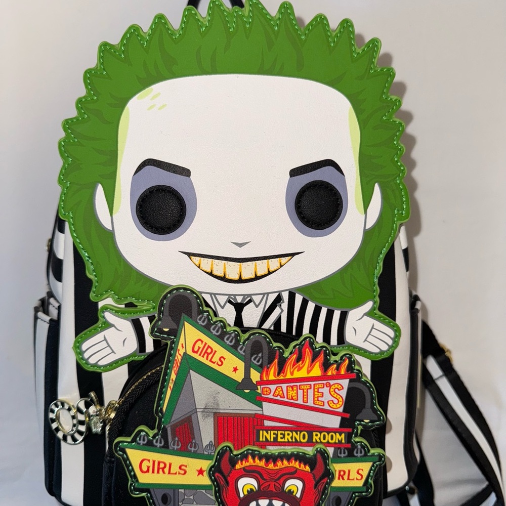 Beetlejuice Striped Backpack with Green Hair Design